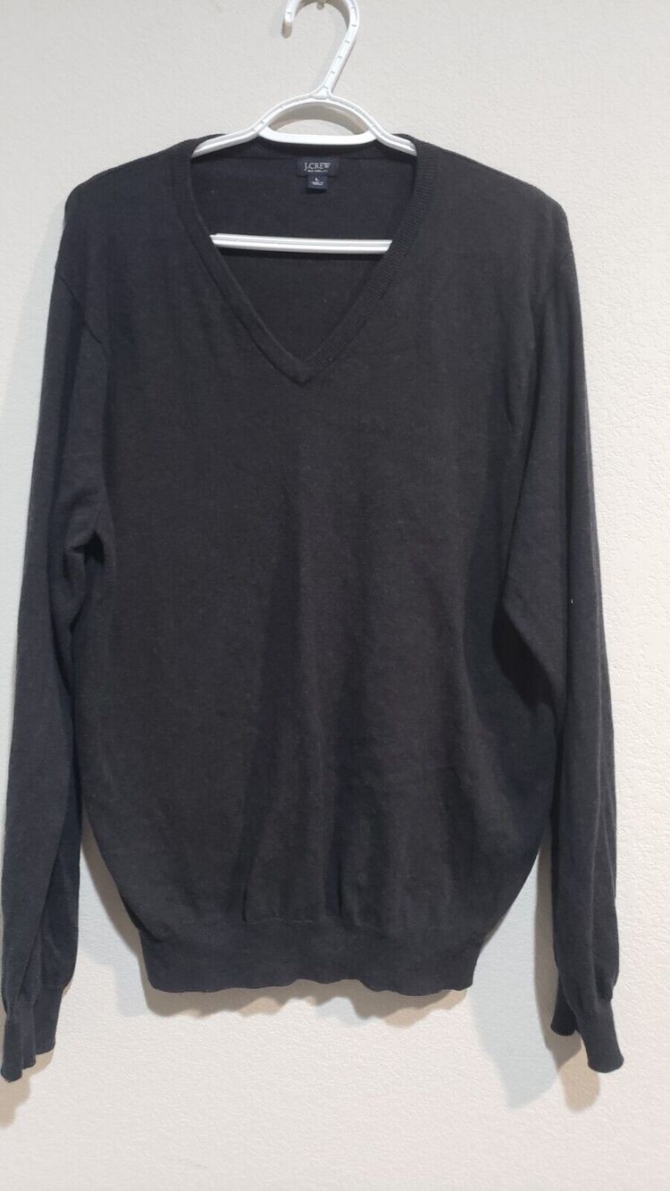 J.Crew L Cotton With Cashmere V Neck Pullover Sweater Mens Dark Gray Long Sleeve